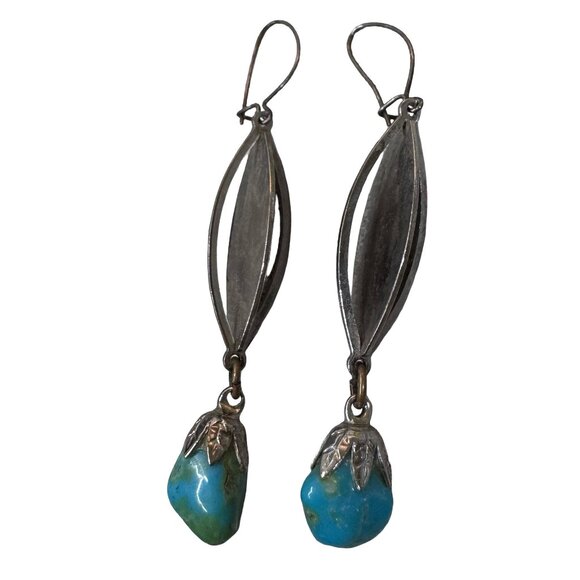 Vintage Sterling Silver Drop Earrings Turquoise Leaf 2.5" Long Boho Statement - Picture 3 of 7